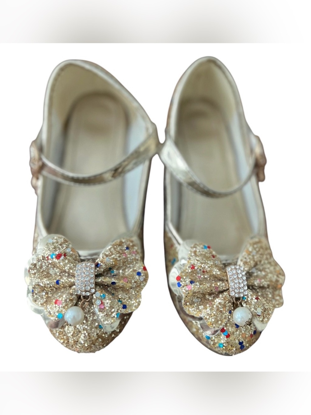 Kids Glitter Bow Mary Jane Shoes in Gold Size 13